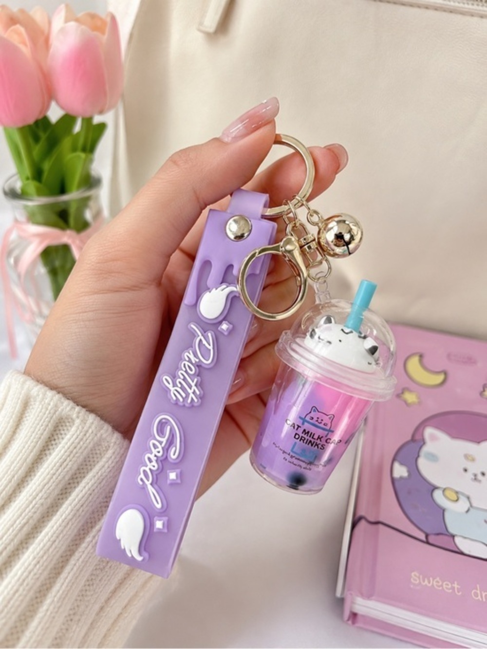 Cute Cat Boba Milk Tea Cup Keychain Purple Kawaii Bag Charm Wrist Strap